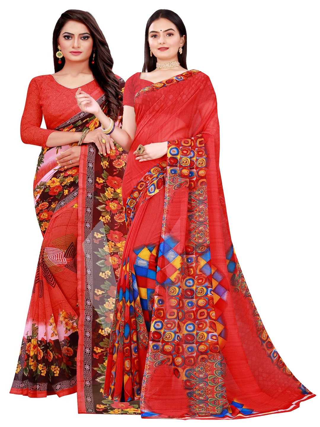 

KALINI Pack of 2 Red & Blue Floral Printed Pure Georgette Saree