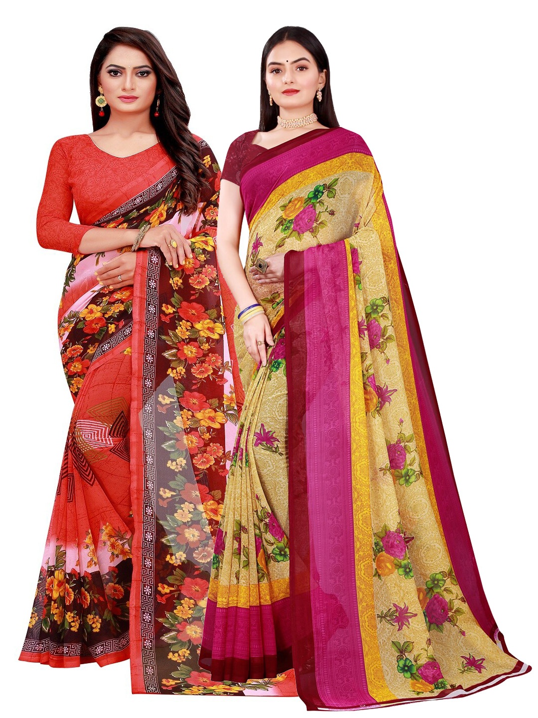 

KALINI Pack of 2 Pink & Cream-Coloured Floral Pure Georgette Sarees