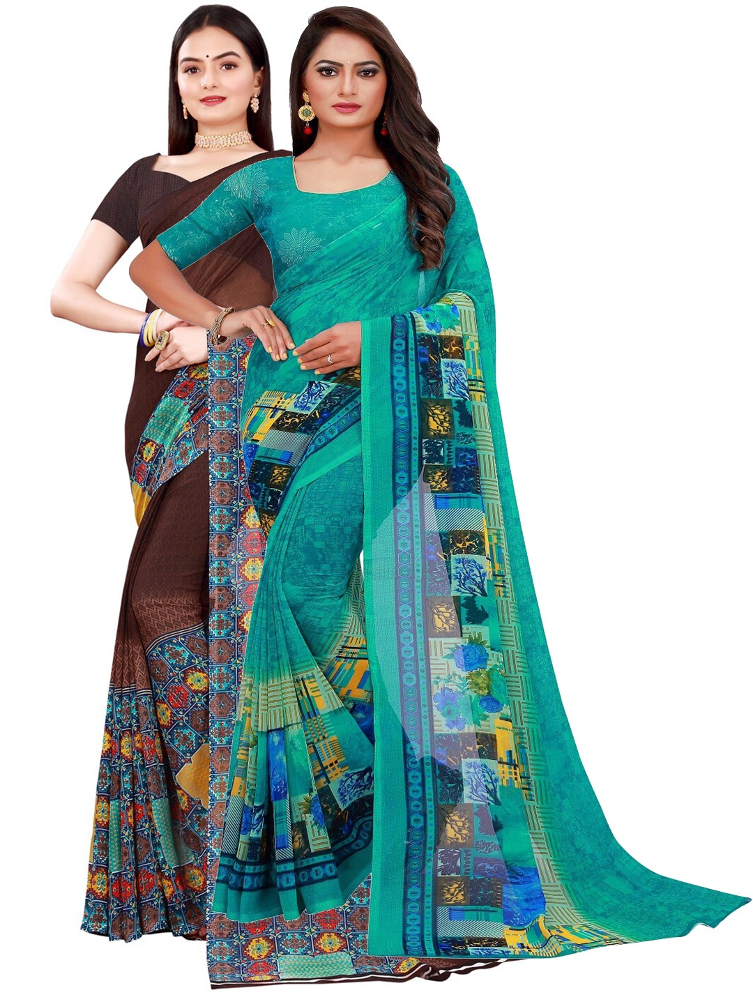 

KALINI Green & Brown Set of 2 Floral Printed Georgette Saree