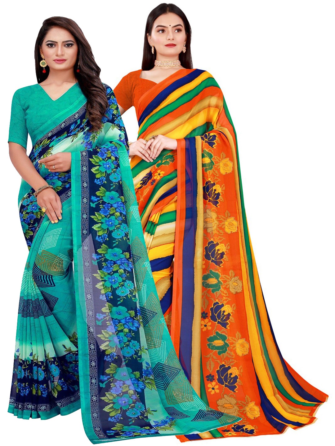 

KALINI Green & Orange Set Of 2 Floral Pure Georgette Saree