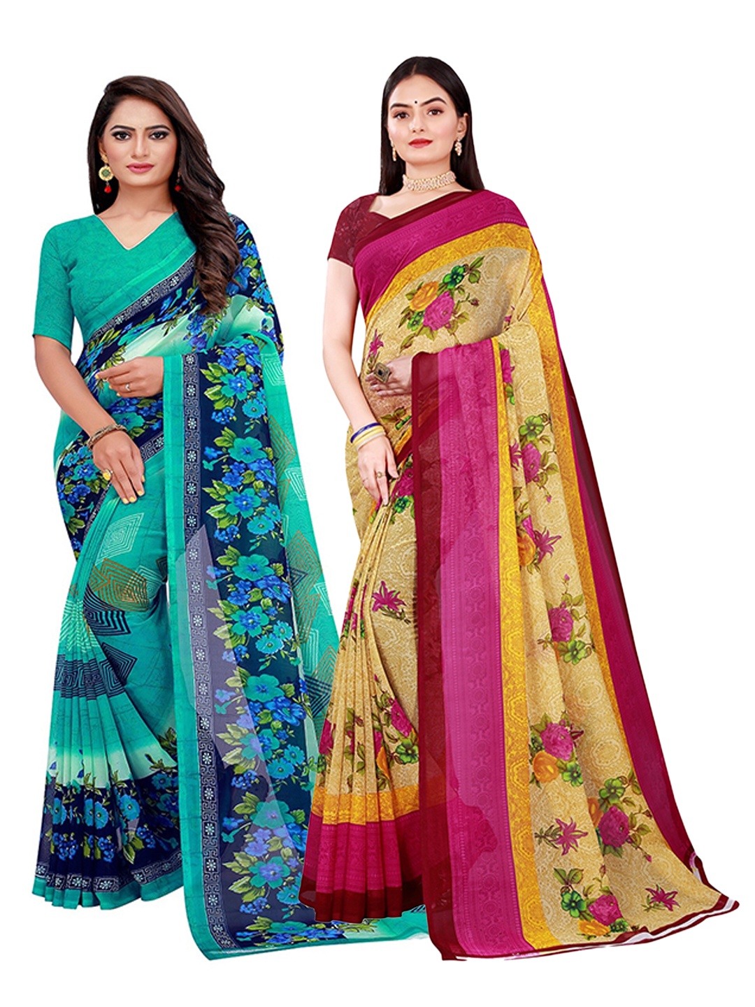 

KALINI Pack Of 2 Green & Yellow Pure Georgette Saree