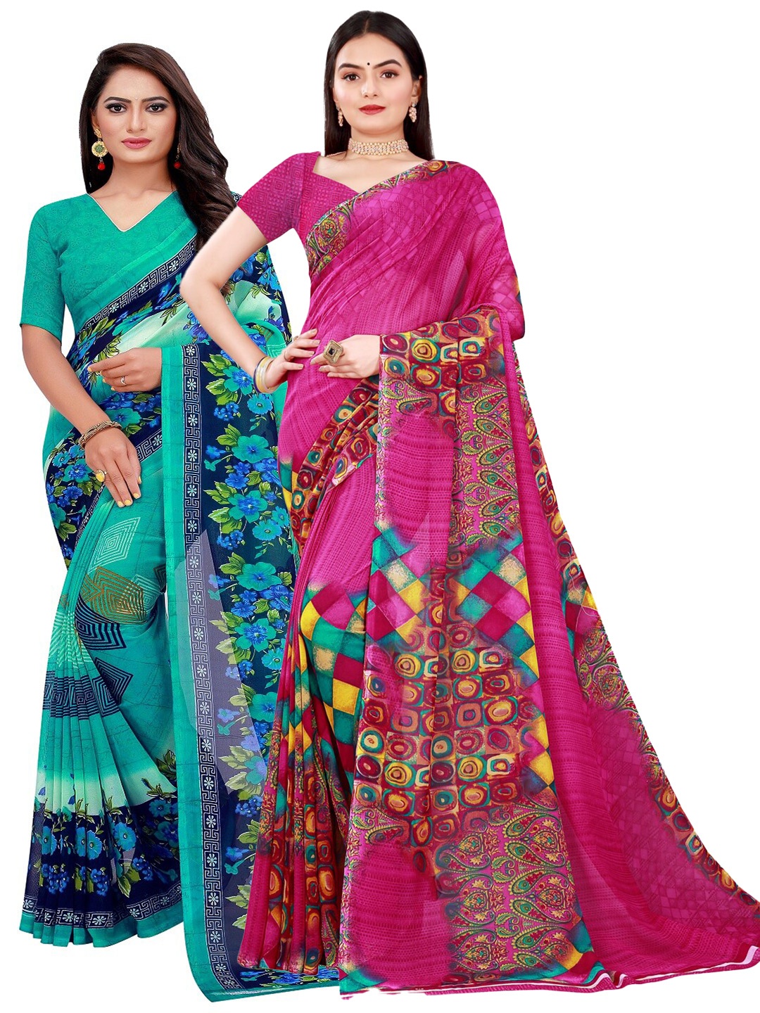 

KALINI Pack of 2 Green & Pink Floral Pure Georgette Sarees