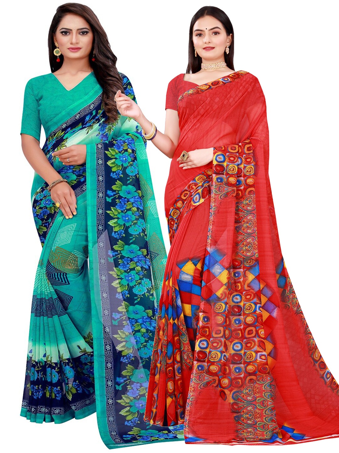 

KALINI Pack of 2 Green & Red Floral Pure Georgette Sarees