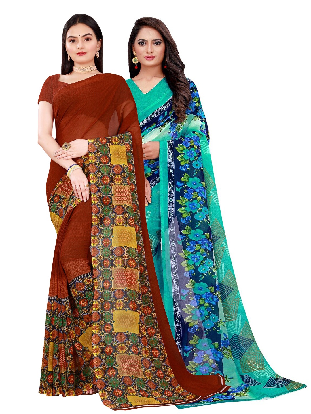

KALINI Green & Brown Set Of 2 Floral Pure Georgette Saree