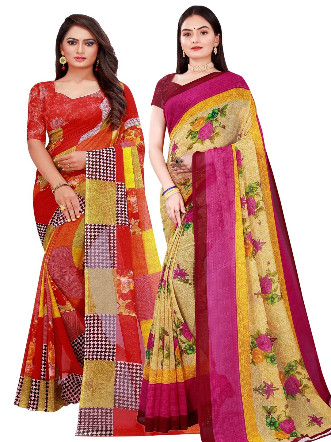 

KALINI Red & Beige Set of 2 Floral Printed Georgette Saree