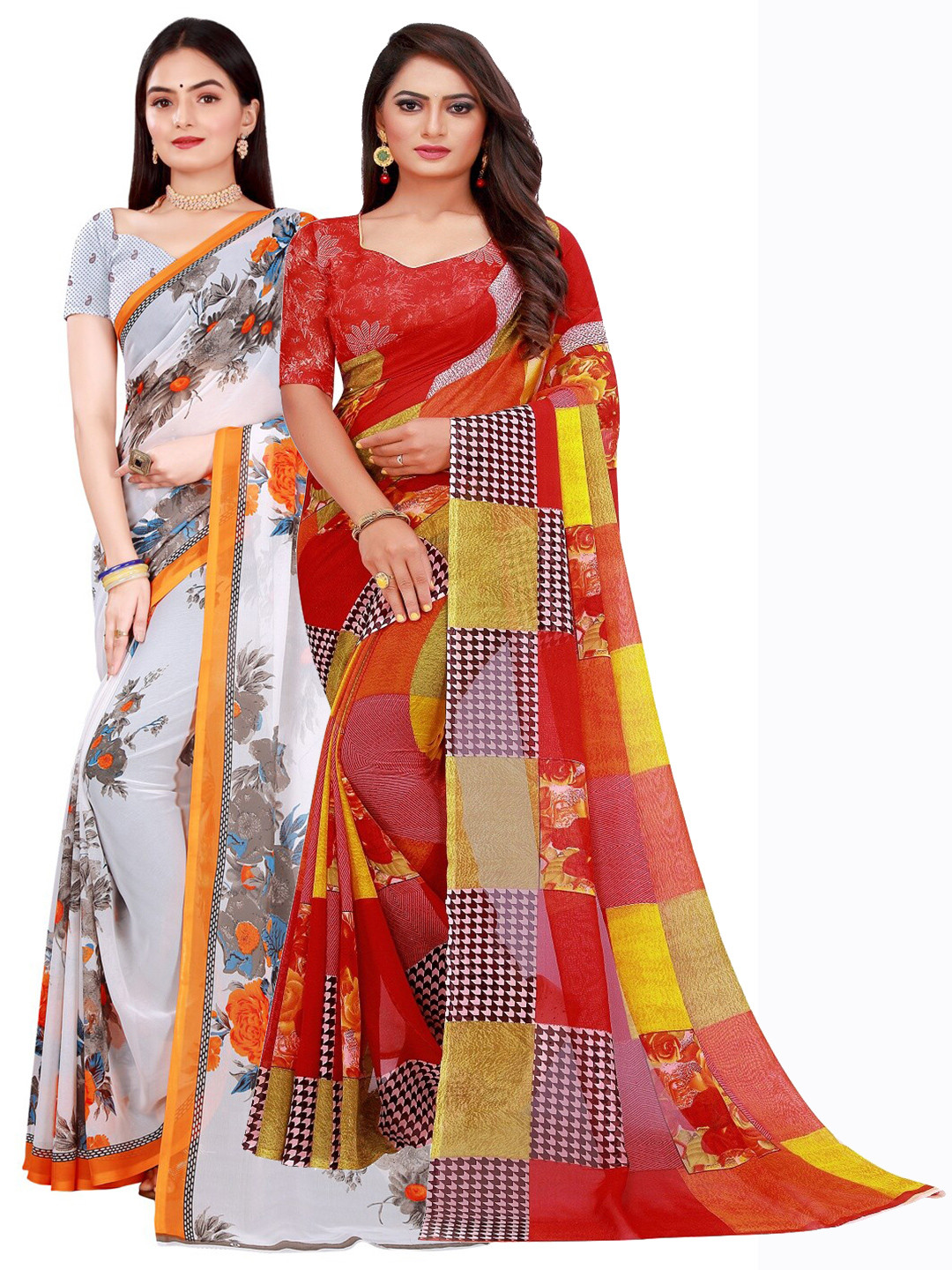 

KALINI Pack of 2 Red & White Floral Pure Georgette Sarees