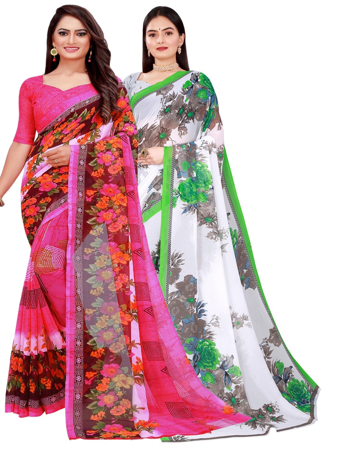 

KALINI Pack of 2 Pink & Green Floral Printed Pure Georgette Saree