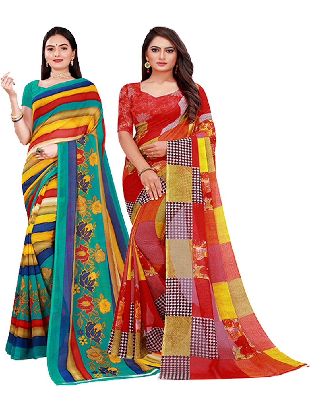 

KALINI Pack of 2 Red & Green Printed Pure Georgette Saree