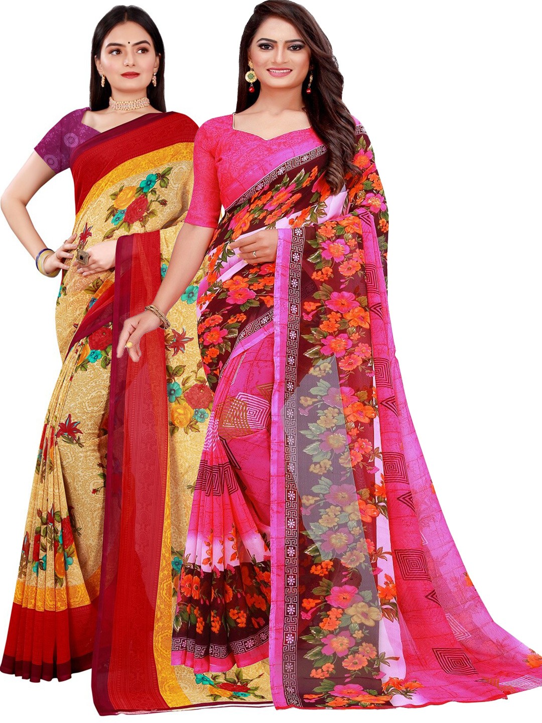 

KALINI Pack Of 2 Pink & Red Floral Pure Georgette Saree