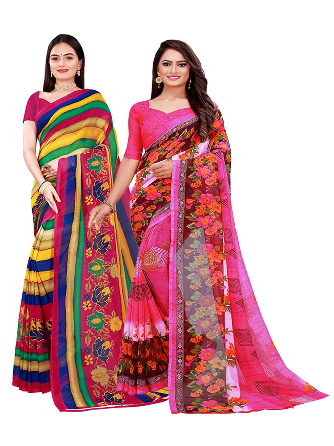 

KALINI Pink & Blue Set of 2 Floral Printed Georgette Saree