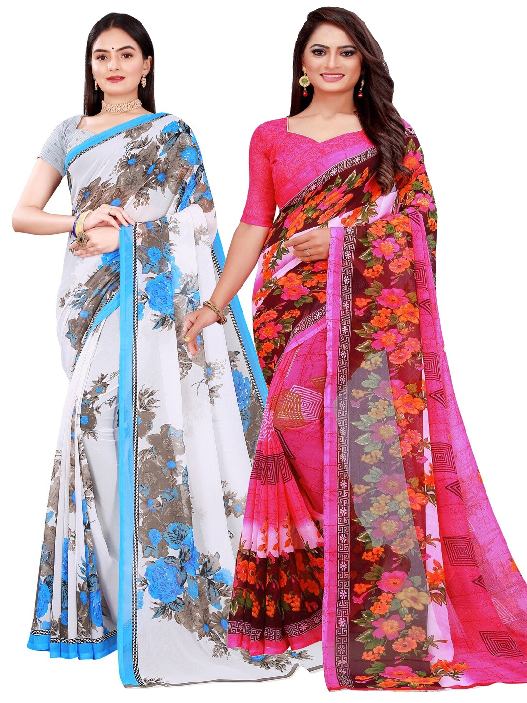 

KALINI Pack of 2 Pink & White Pure Georgette Sarees