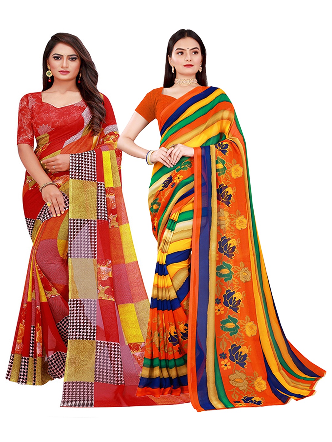 

KALINI Pack of 2 Printed Pure Georgette Sarees, Red