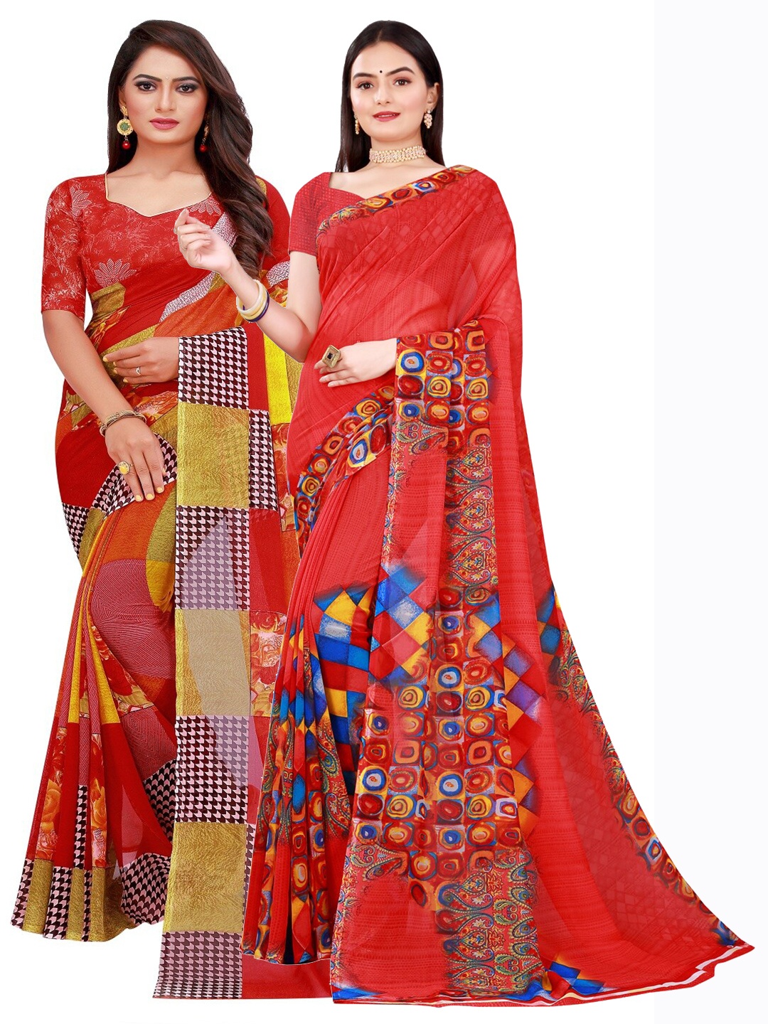 

KALINI Pack of 2 Red & Yellow Floral Printed Pure Georgette Saree