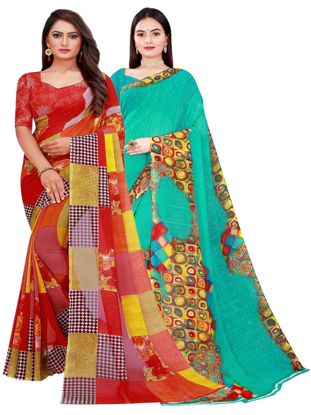 

KALINI Pack of 2 Red & Green Printed Pure Georgette Saree