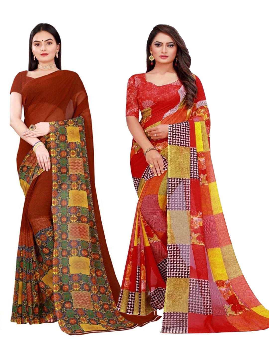 

KALINI Pack of 2 Red & Yellow Floral Pure Georgette Sarees