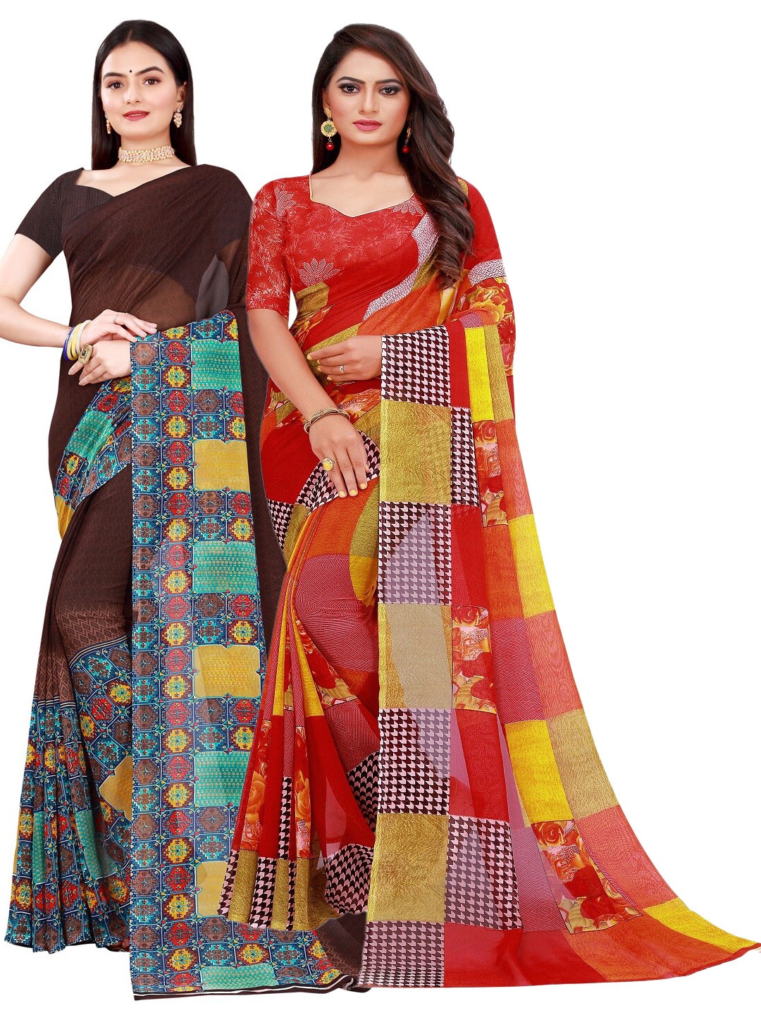 

KALINI Pack of 2 Printed Pure Georgette Sarees, Red