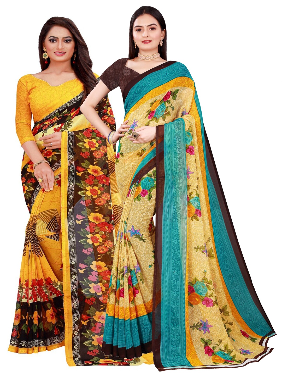 

KALINI Pack of 2 Yellow & Beige Floral Printed Pure Georgette Saree