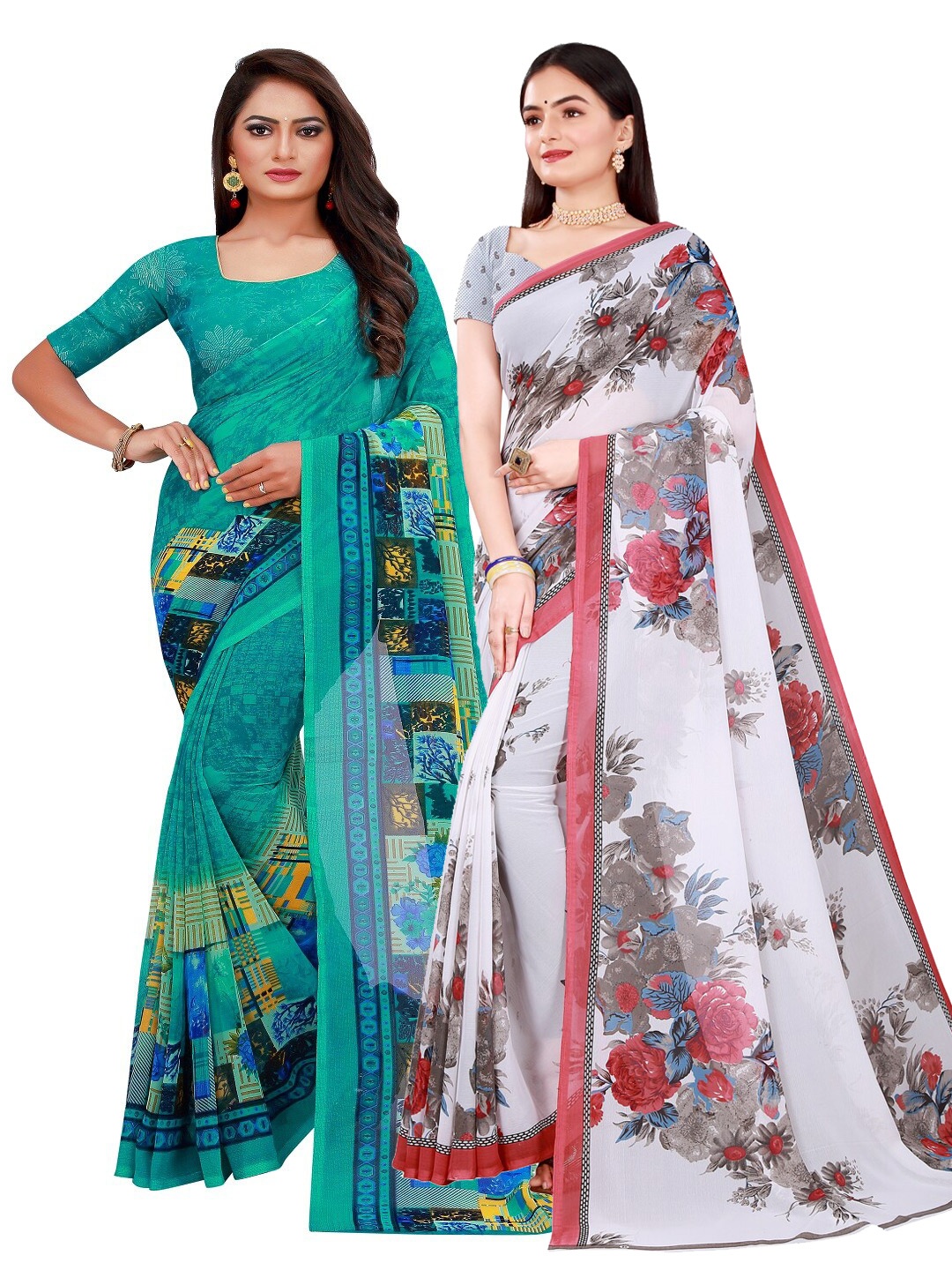 

KALINI Green & White Set of 2 Floral Printed Georgette Saree