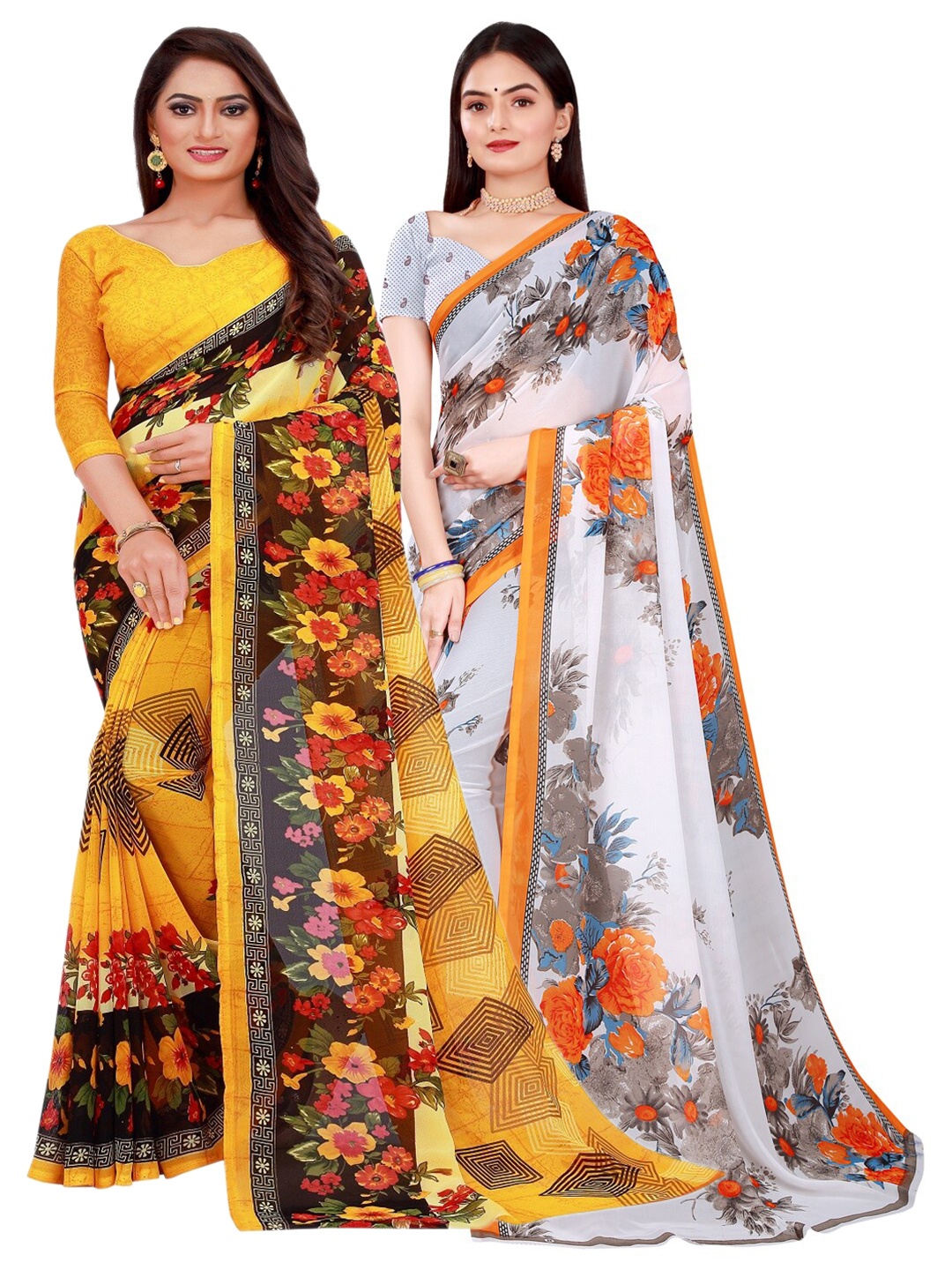 

KALINI Pack of 2 Yellow & White Floral Printed Pure Georgette Saree