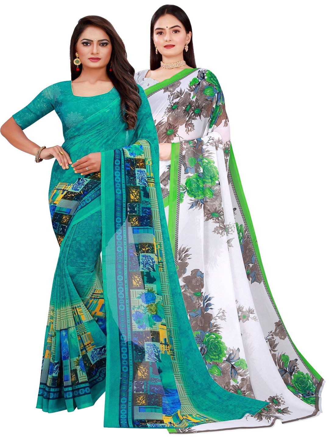 

KALINI Pack of 2 Printed Pure Georgette Sarees, Teal