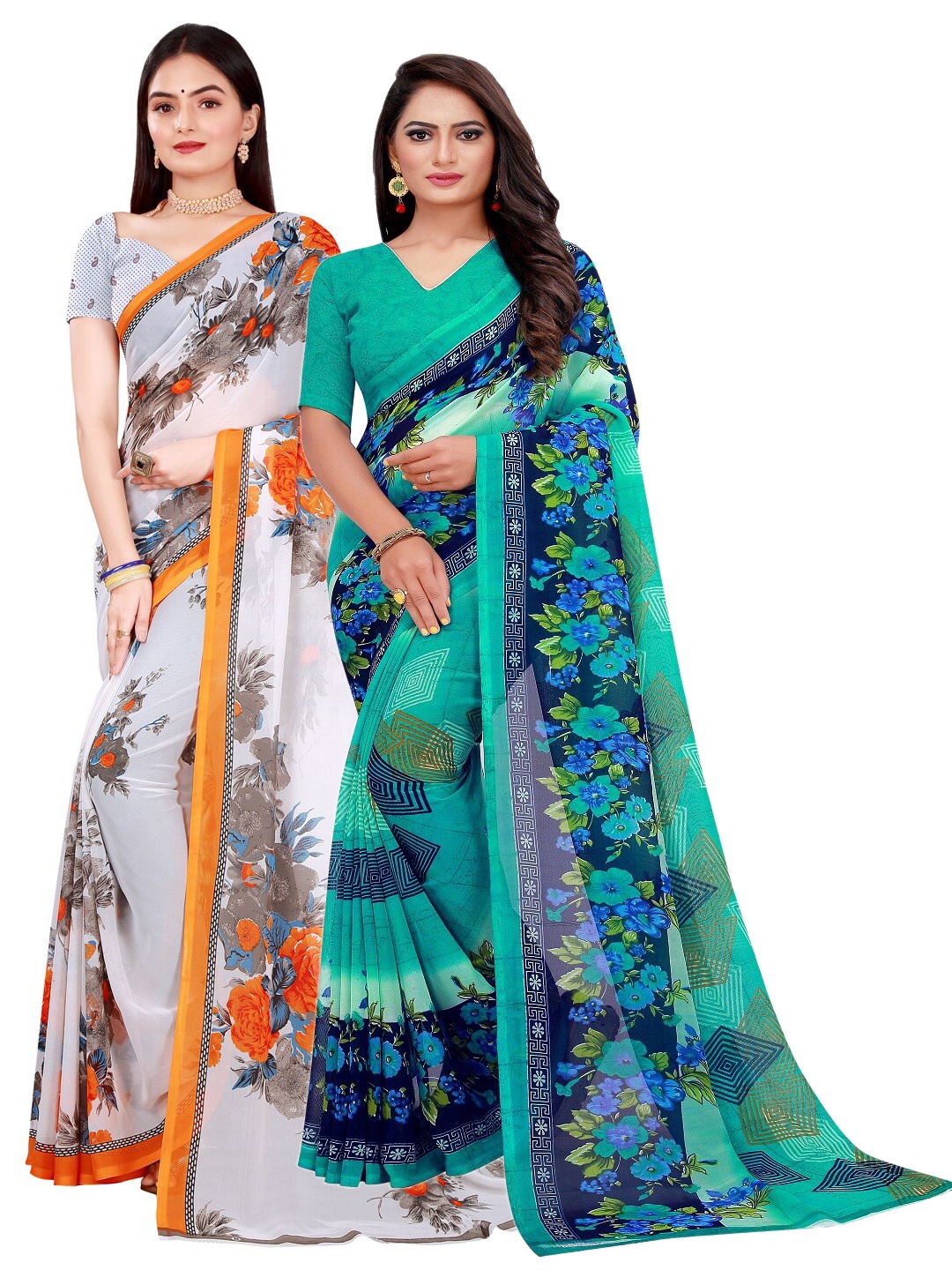

KALINI Pack of 2 Green & Orange Floral Pure Georgette Sarees