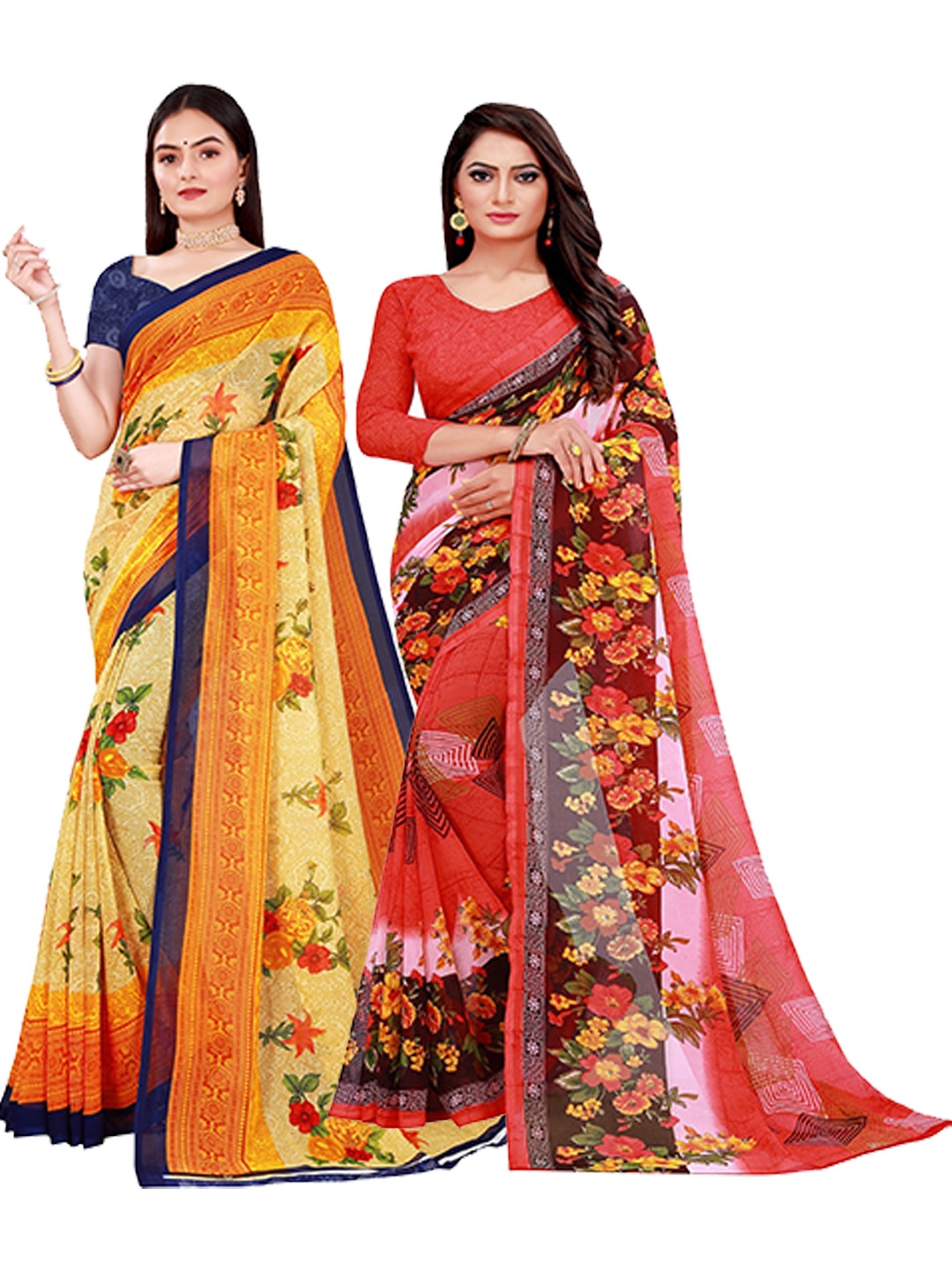 

KALINI Yellow & Red Set of 2 Floral Printed Georgette Saree