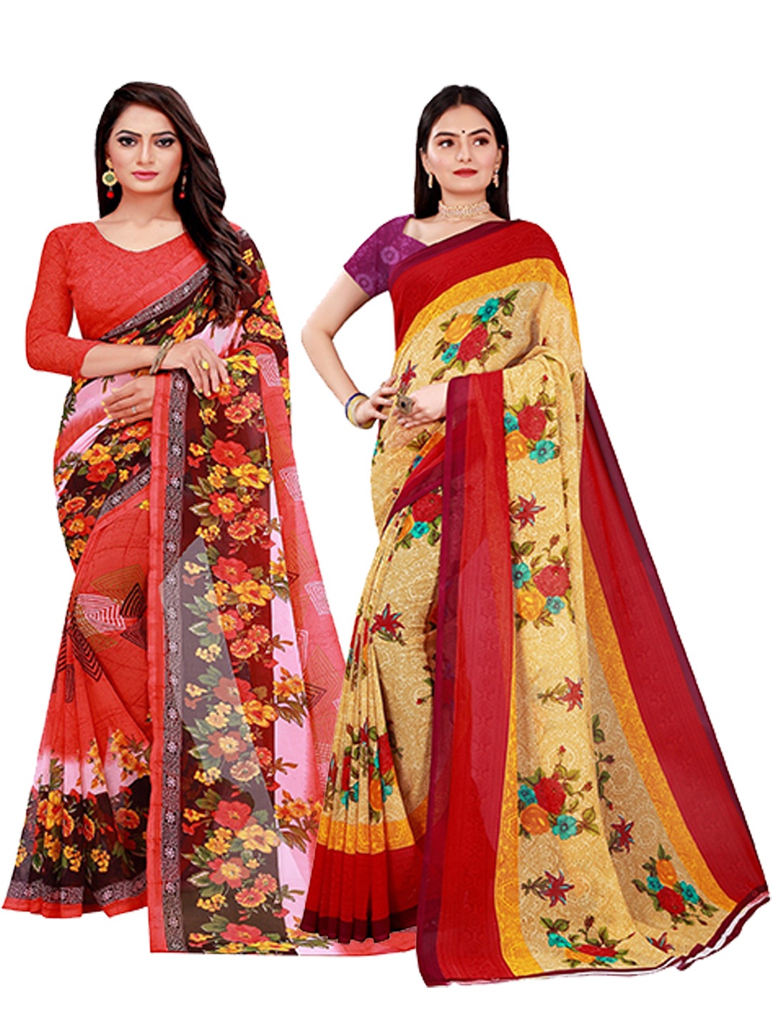 

KALINI Pack of 2 Orange & Red Floral Pure Georgette Sarees