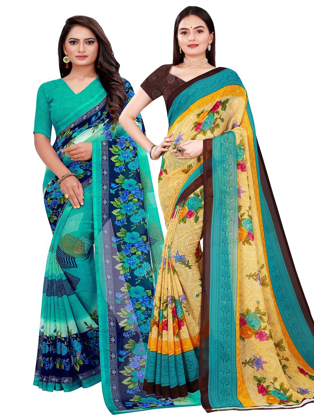 

KALINI Sea Green & Beige Floral Printed Pure Georgette Saree Pack Of 2