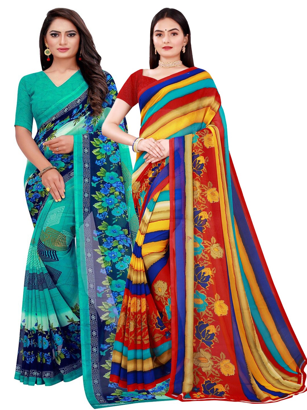 

KALINI Pack of 2 Green & Red Floral Pure Georgette Sarees