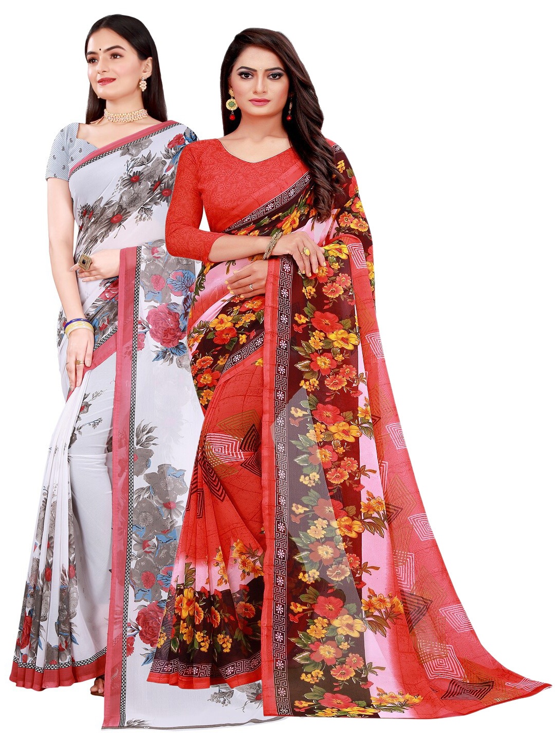 

KALINI Red & White Set of 2 Floral Printed Georgette Saree