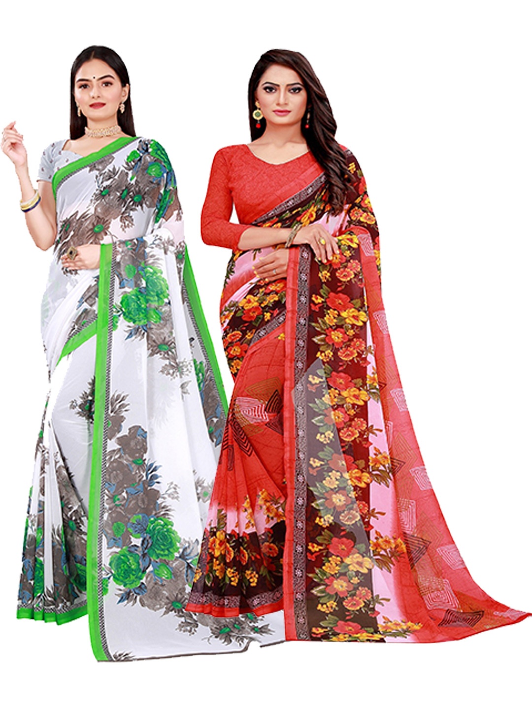 

KALINI Pack Of 2 Peach-Coloured & White Floral Pure Georgette Saree