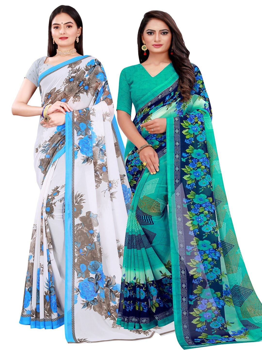 

KALINI Pack of 2 Green & Blue Floral Pure Georgette Sarees