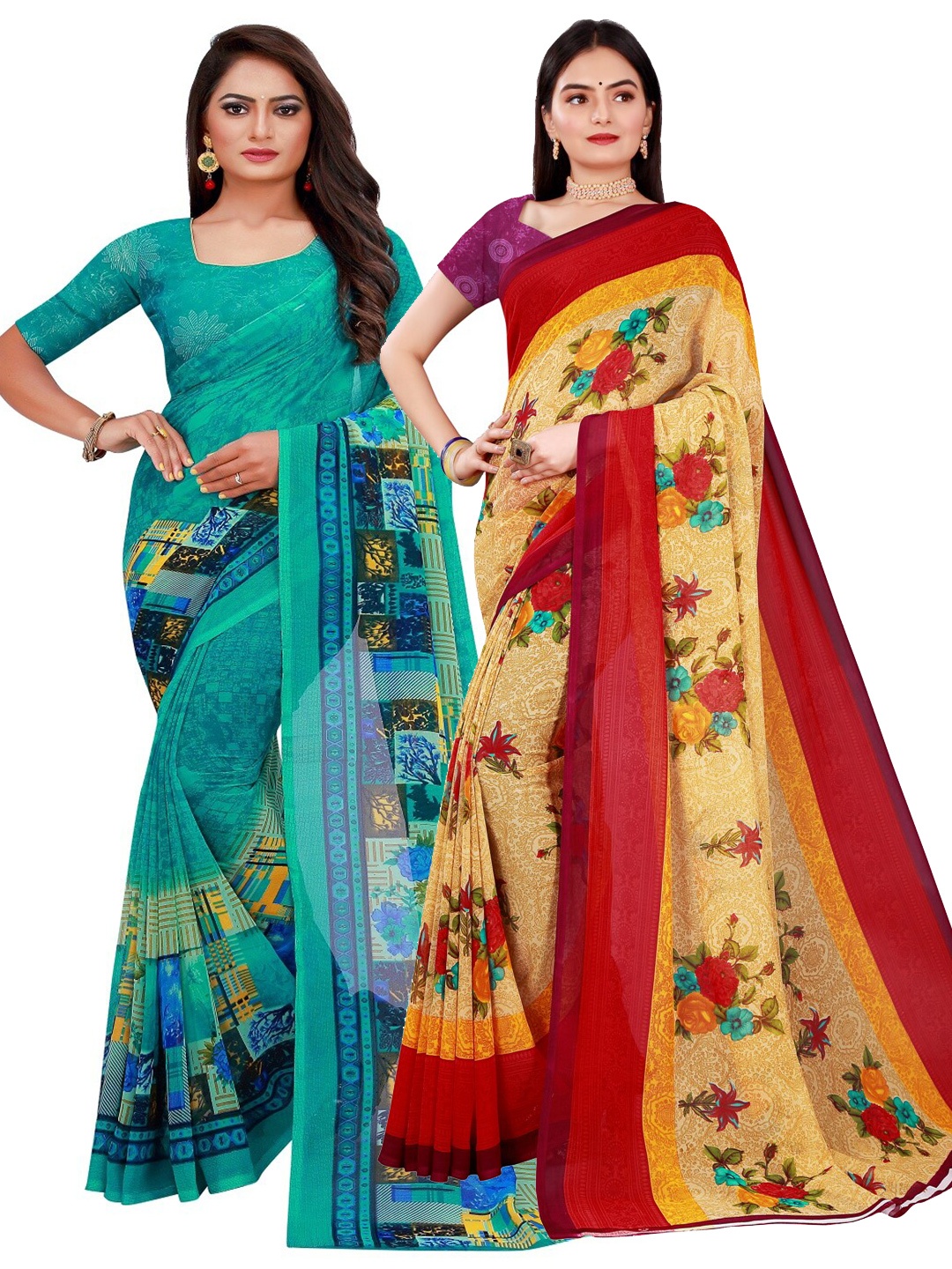 

KALINI Pack of 2 Green & Red Floral Printed Pure Georgette Saree