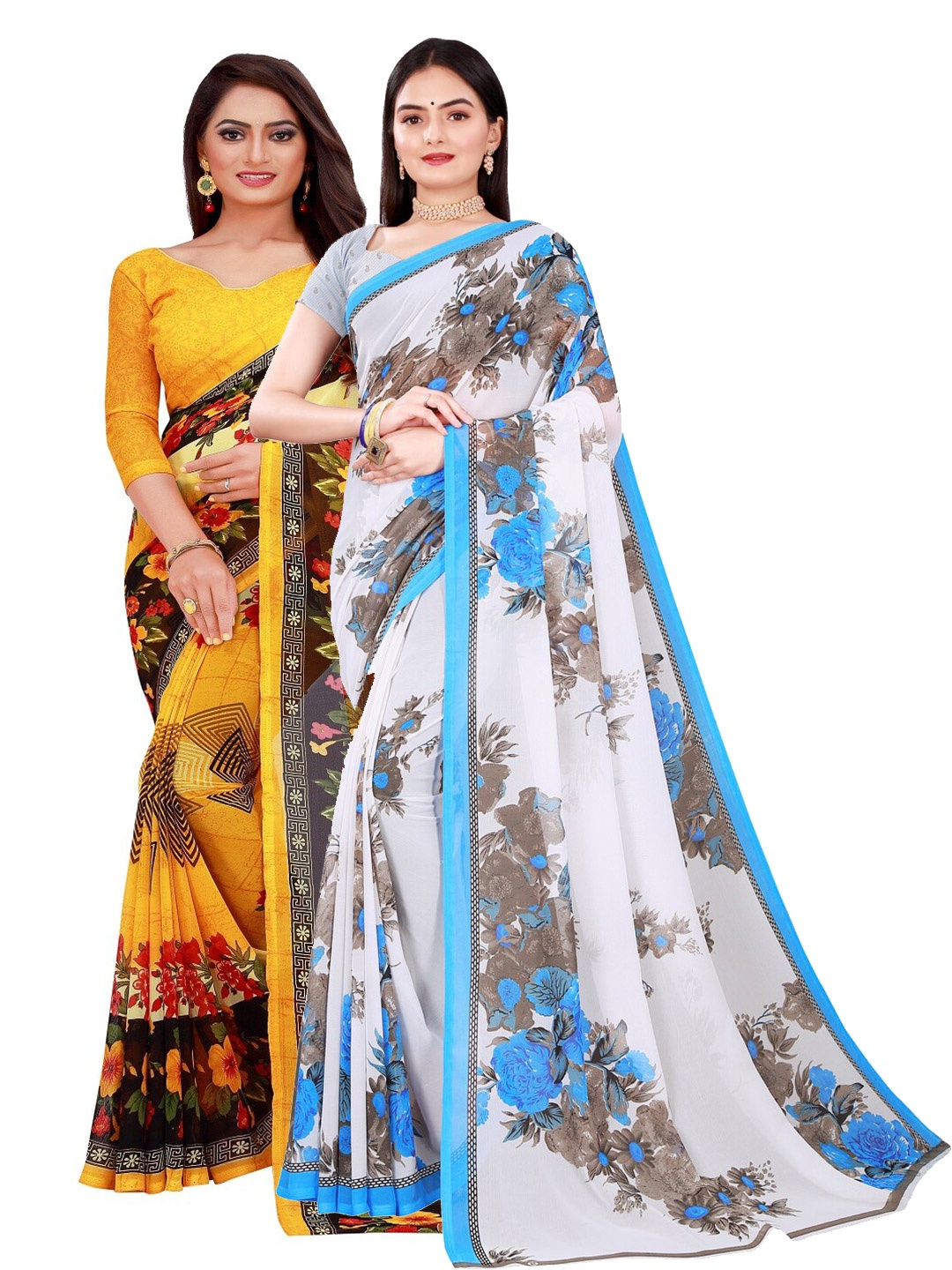 

KALINI Yellow & Blue Set Of 2 Floral Pure Georgette Saree