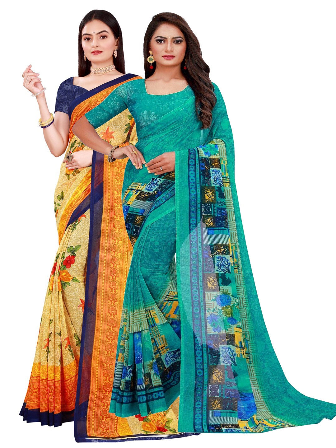 

KALINI Green & Cream-Coloured Floral Printed Pure Georgette Saree Pack Of 2