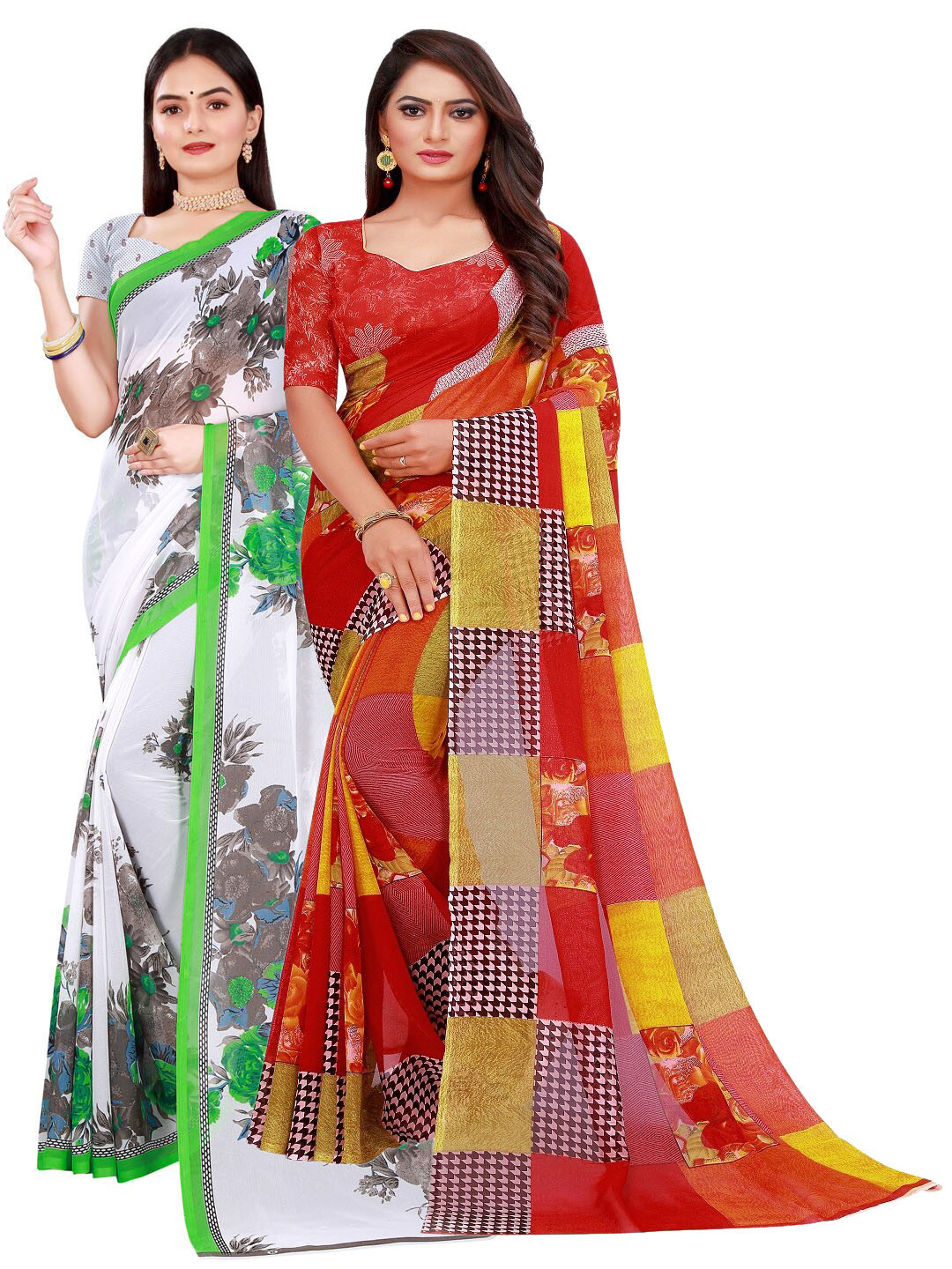

KALINI Red & White Floral Printed Pure Georgette Saree Pack Of 2