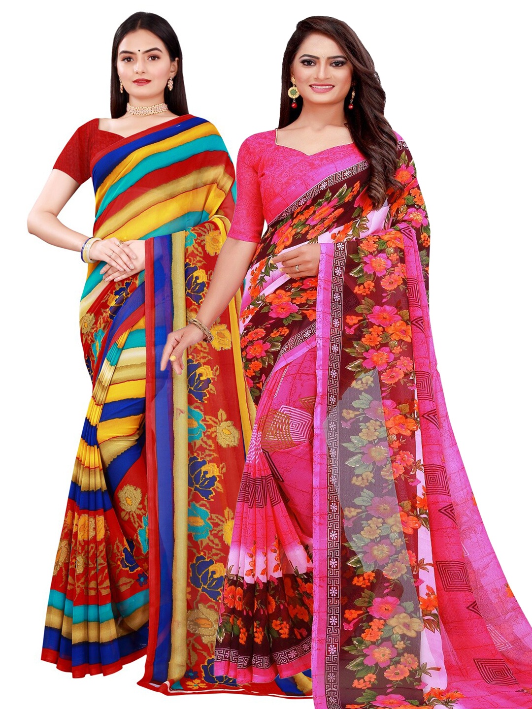 

KALINI Pink & Red Floral Printed Pure Georgette Saree Pack Of 2