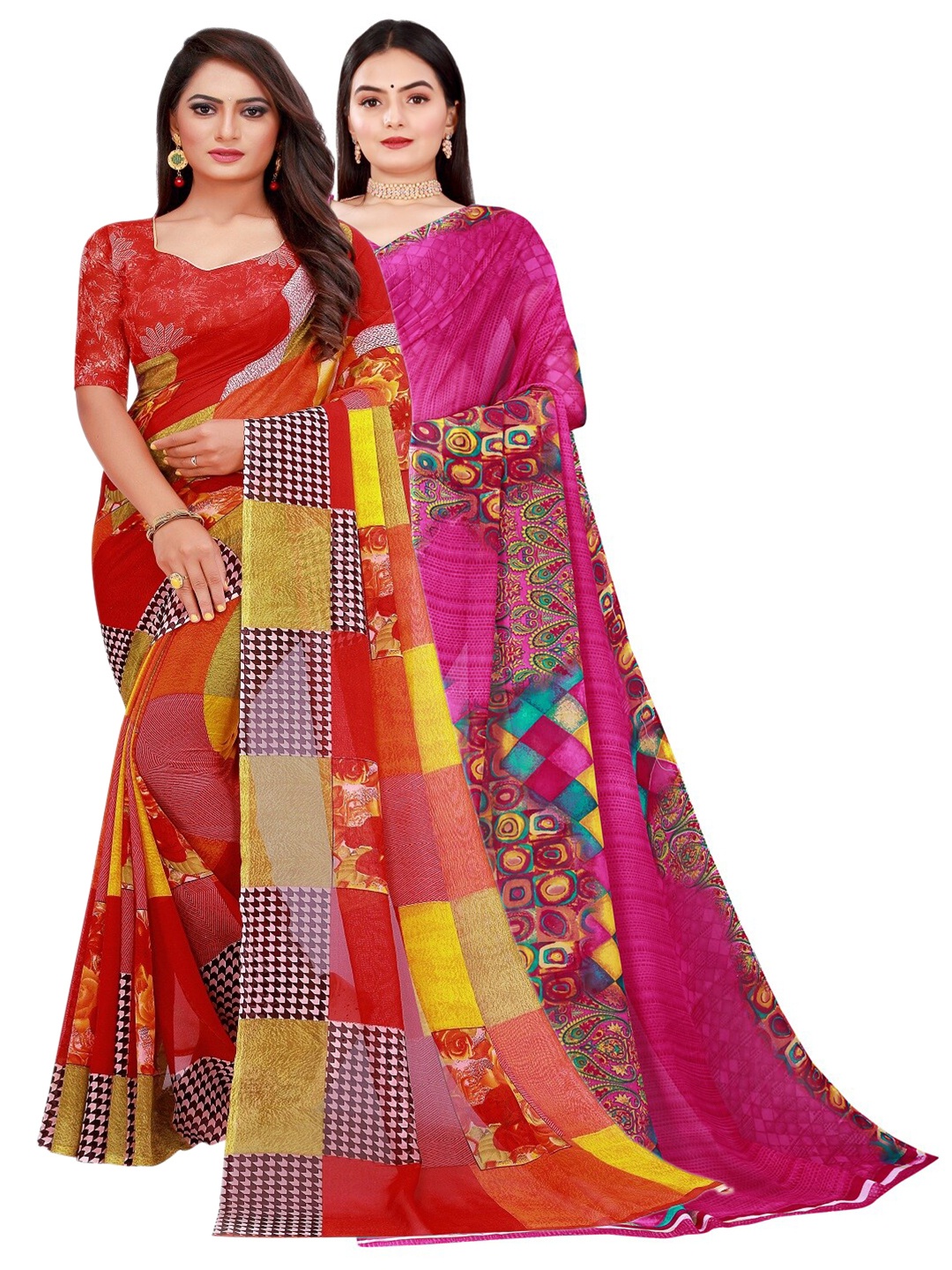

KALINI Pack of 2 Red & Pink Floral Printed Pure Georgette Saree