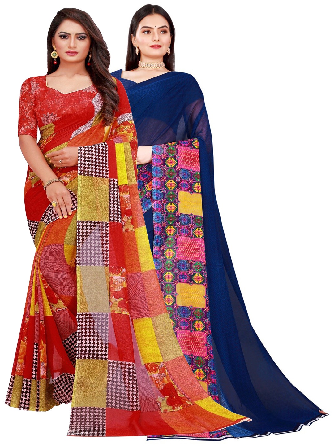 

KALINI Red & Navy Blue Set Of 2 Floral Pure Georgette Saree