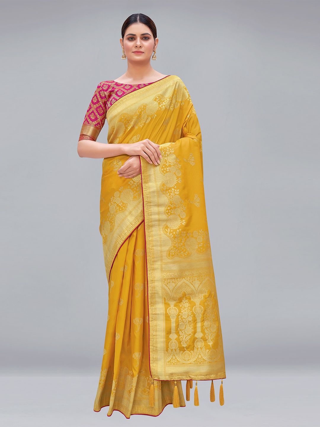 

MONJOLIKA FASHION Yellow & Orange Ethnic Motifs Pure Silk Banarasi Saree