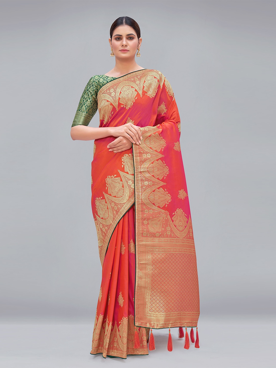 

MONJOLIKA FASHION Orange & Magenta Ethnic Motifs Zari Pure Silk Banarasi Saree