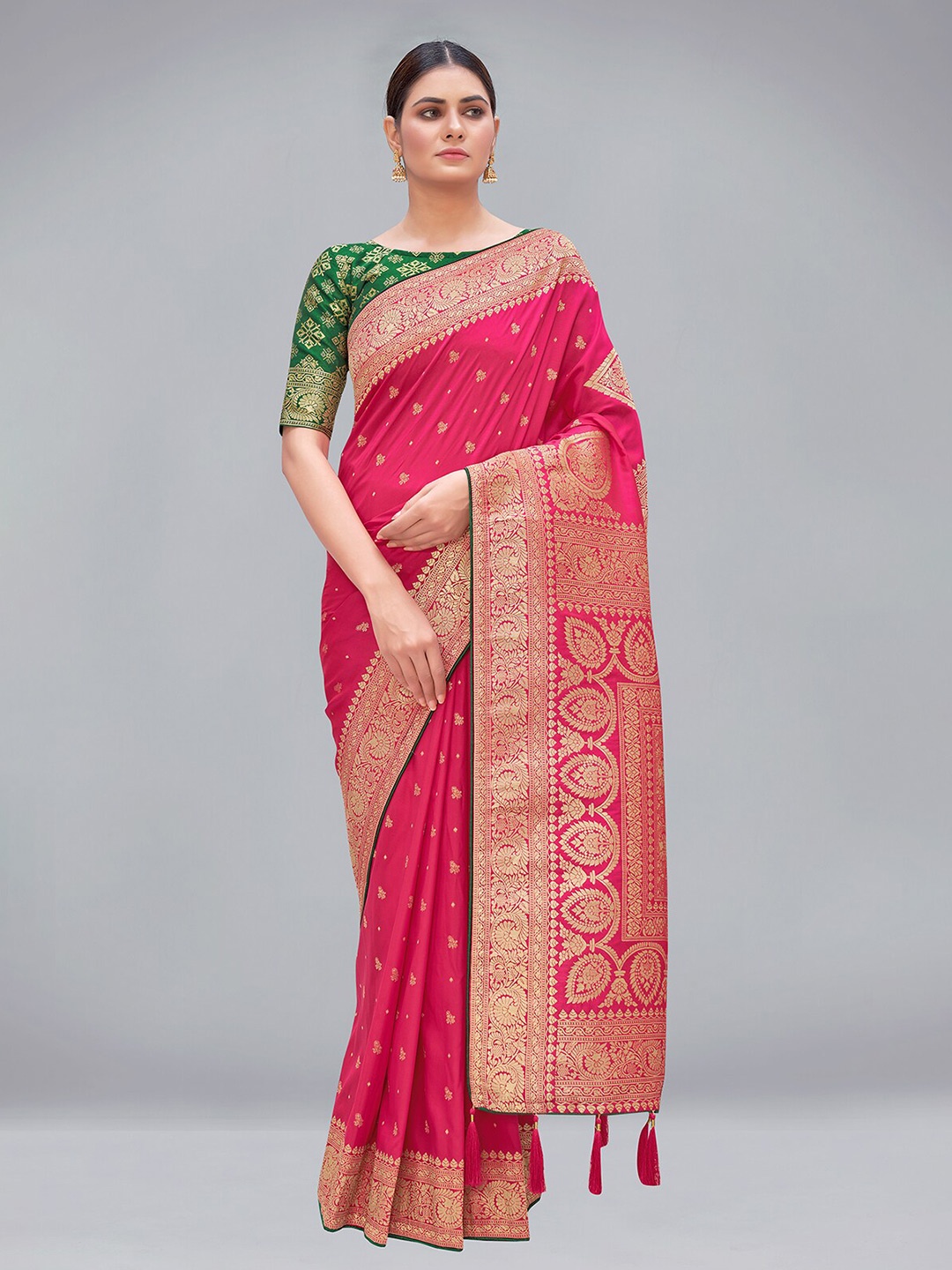 

MONJOLIKA FASHION Pink & Gold-Toned Woven Design Pure Silk Banarasi Saree