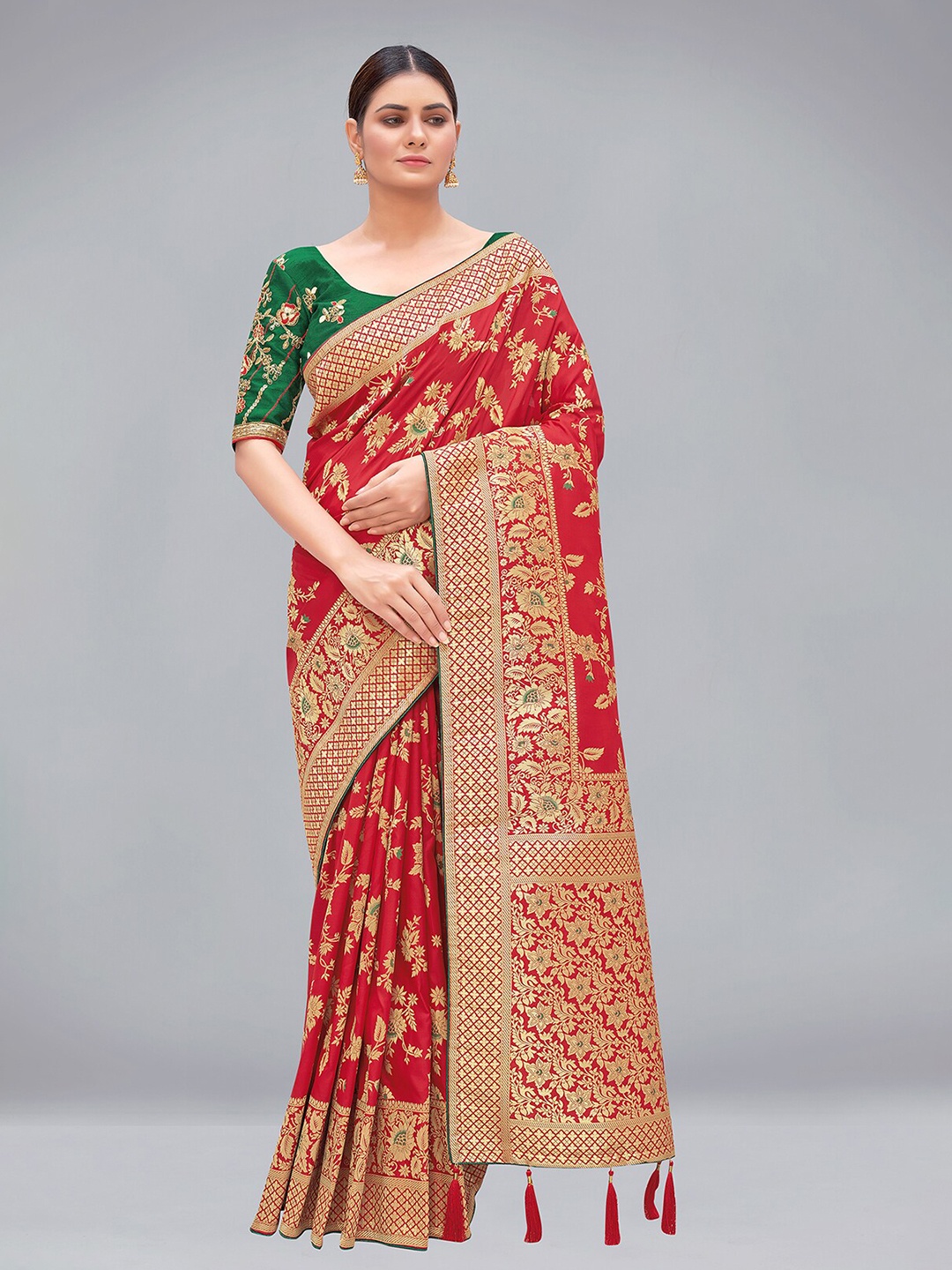 

MONJOLIKA FASHION Red & Golden Floral Zari Pure Silk Banarasi Saree