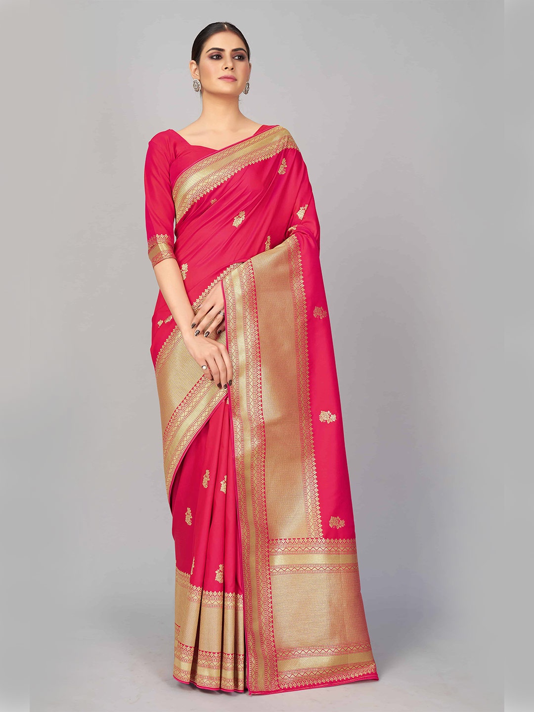 

MONJOLIKA FASHION Pink & Gold-Toned Woven Design Silk Blend Banarasi Saree