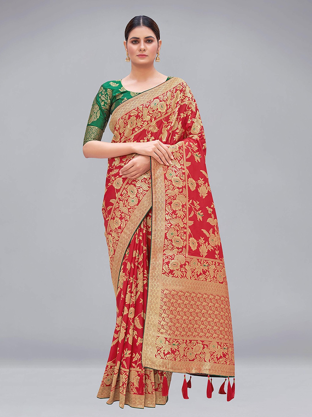 

MONJOLIKA FASHION Red & Gold-Toned Woven Design Pure Silk Banarasi Saree