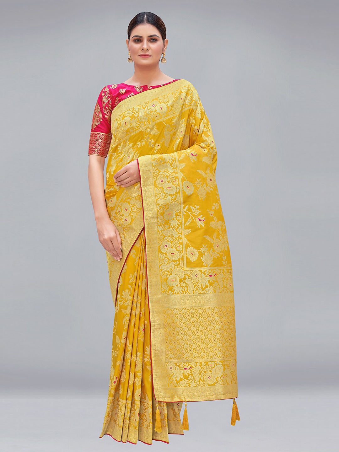 

MONJOLIKA FASHION Yellow & Gold-Toned Woven Design Pure Silk Banarasi Saree