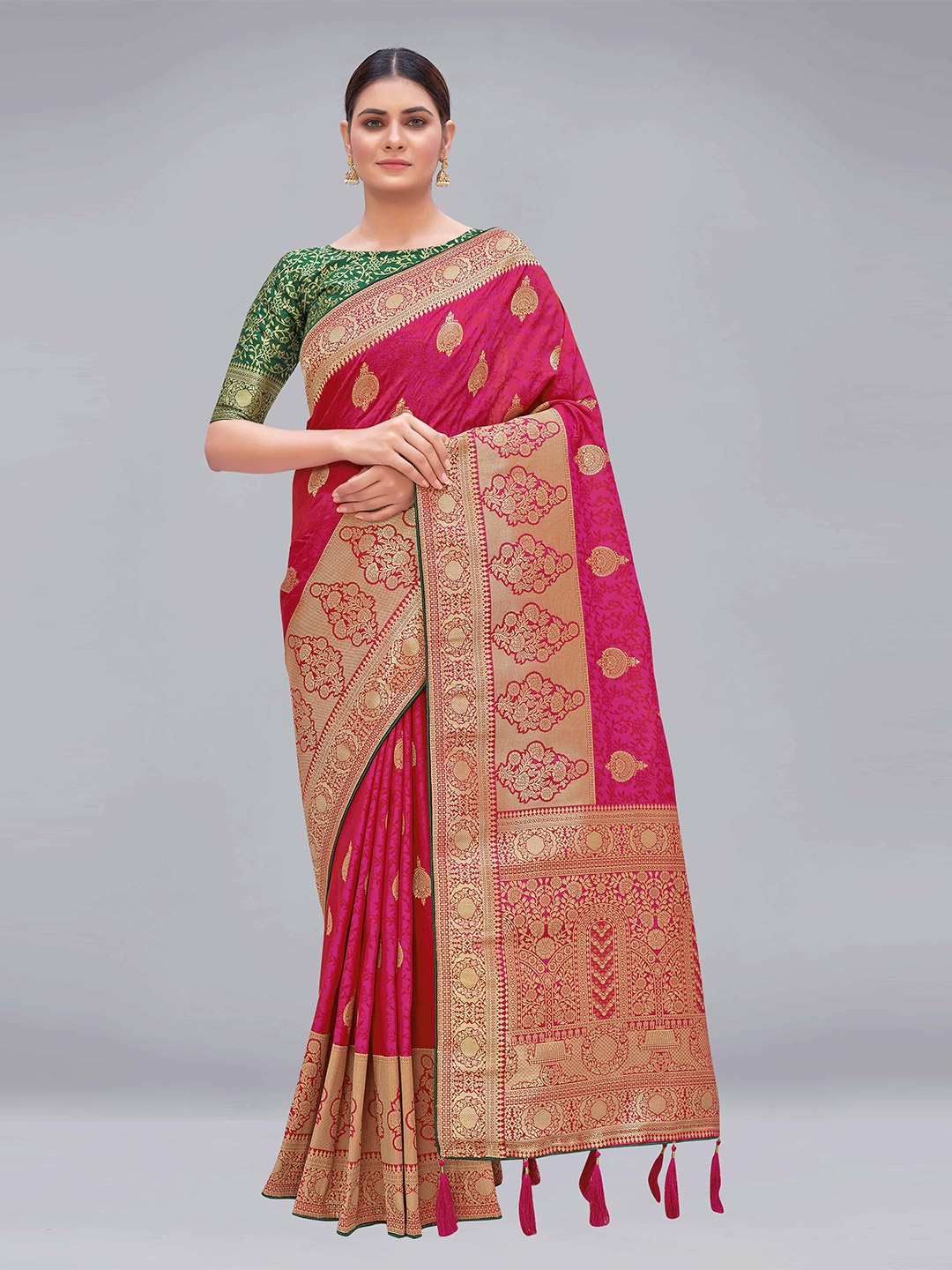 

MONJOLIKA FASHION Red Woven Design Zari Silk Blend Banarasi Saree, Magenta