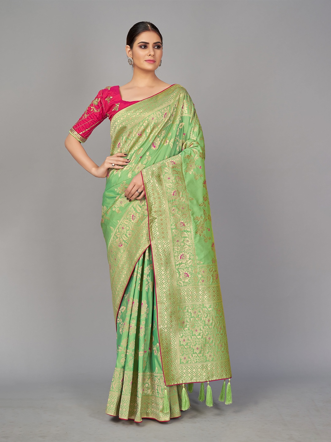 

MONJOLIKA FASHION Green & Pink Woven Design Pure Silk Banarasi Saree