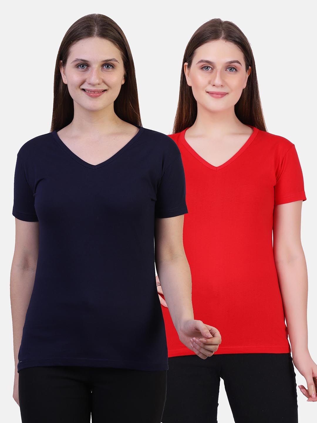 

Fleximaa Women Navy Blue & Red 2 V-Neck T-shirt