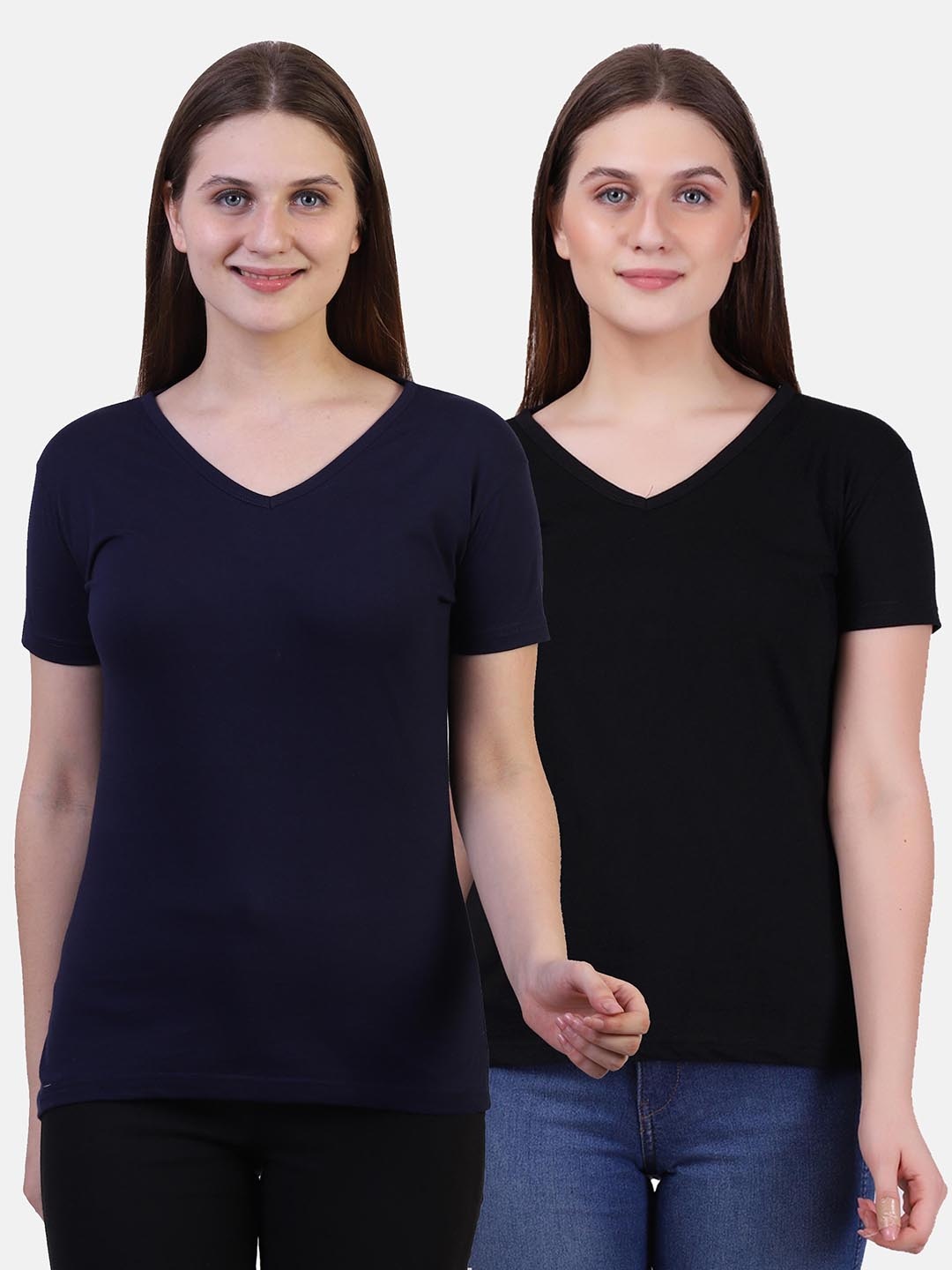 

Fleximaa Women Se Of 2 Black & Navy Blue V-Neck T-shirt